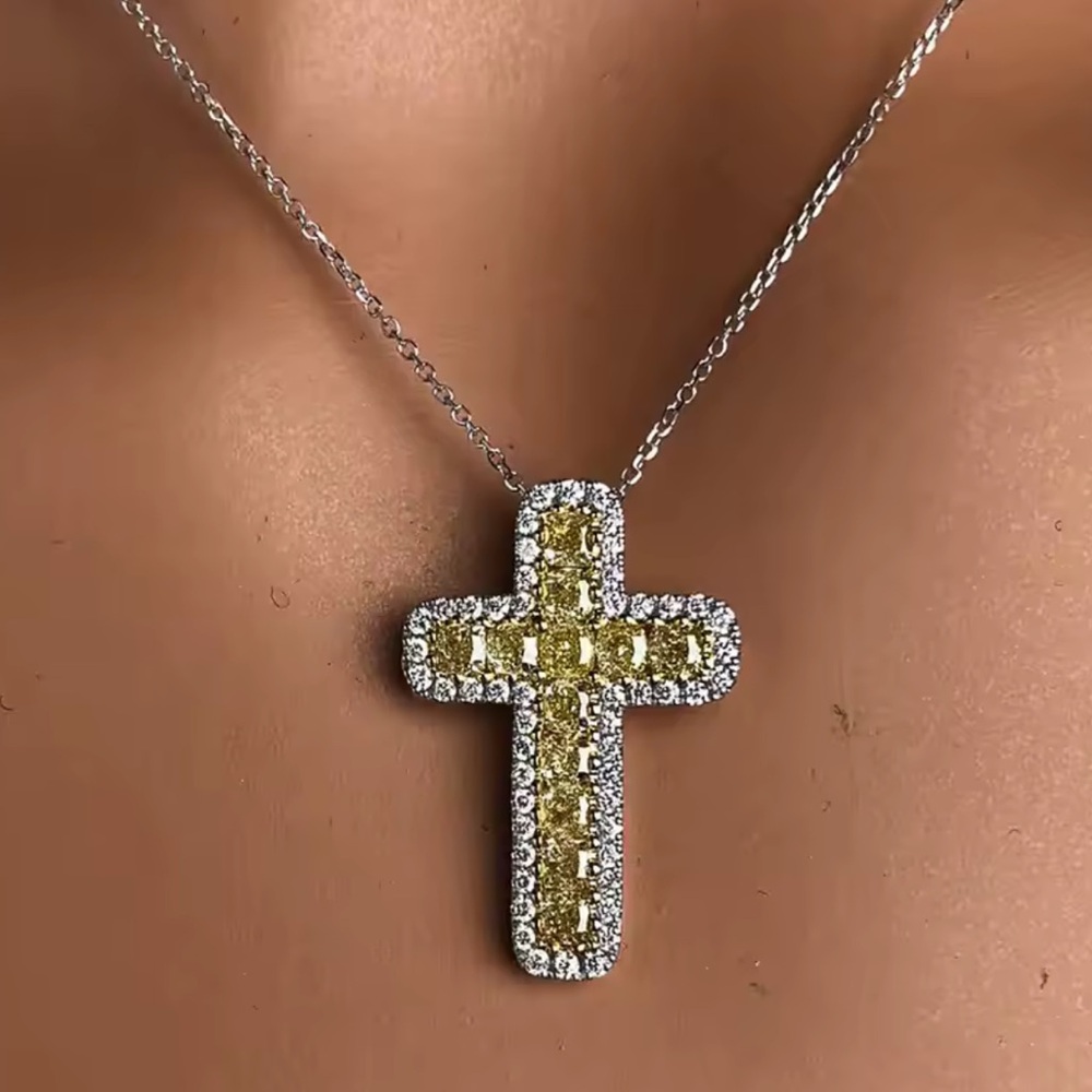 💛Canary Yellow CZ Diamond Cross Necklace